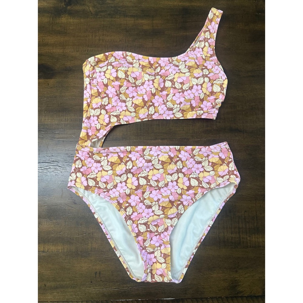 Ninety-Nine Floral One Shoulder Cutout Monokini Swimsuit Pink Brown NN34P031RP M